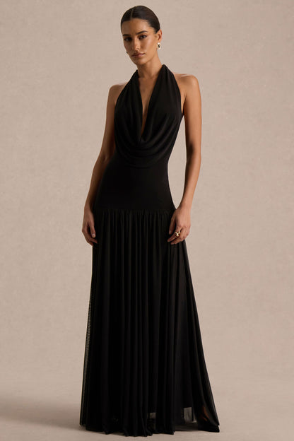 Verity | Vestido largo negro de cuello en V profundo con falda transparente