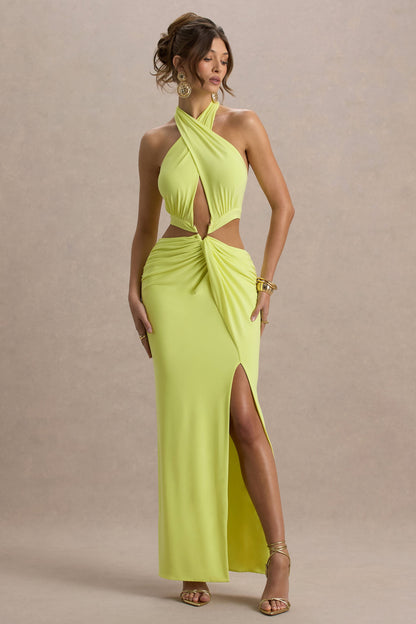 Aura | Vestido largo en Verde Lima con Escote Halter y detalles de aberturas