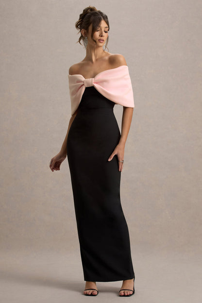 Cornelia | Vestido largo Rosa y Negro Sin Tirantes con Lazo Oversized