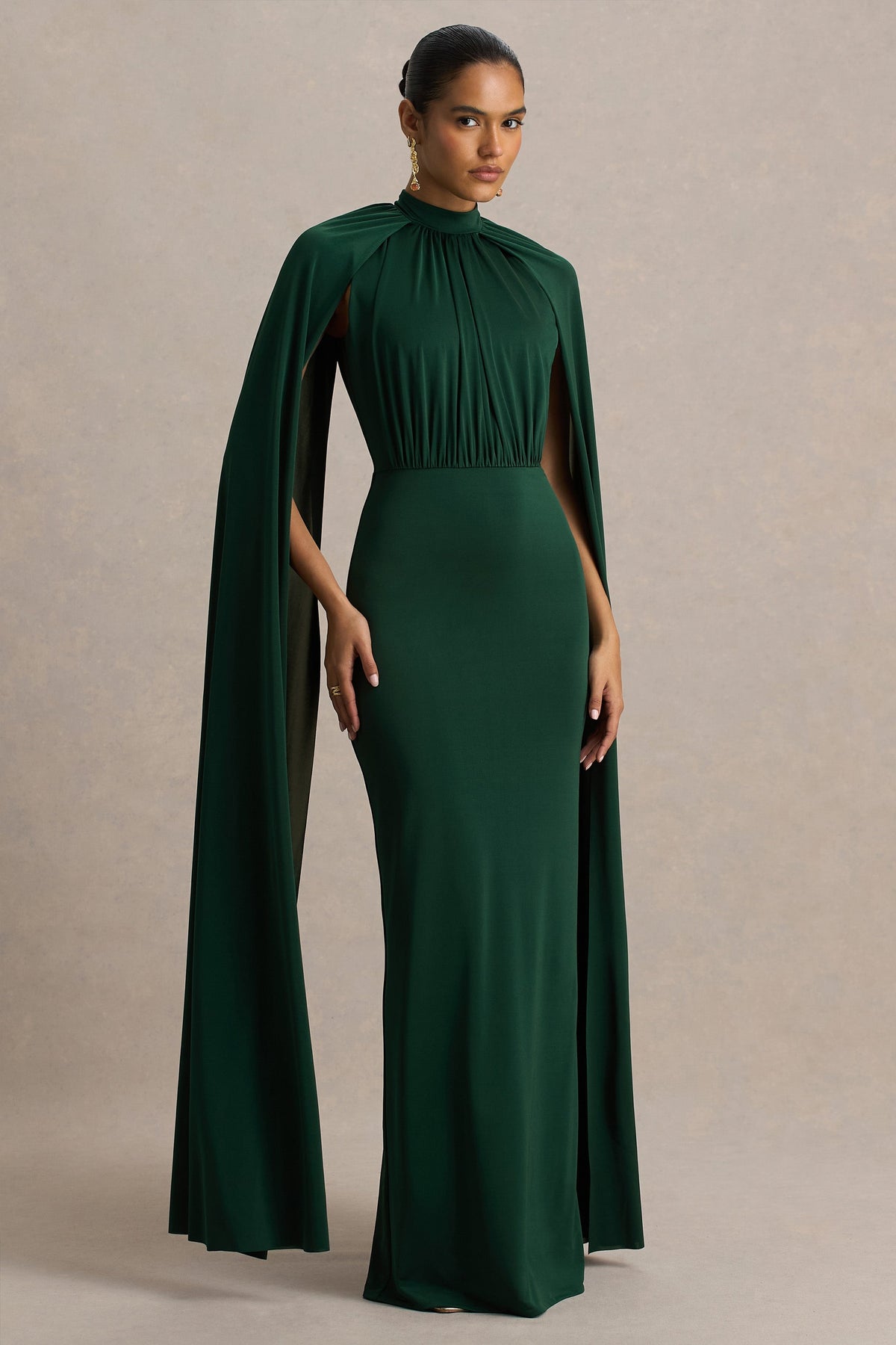 Darielle | Vestido largo de Escote Alto con Mangas Capa Verde Botella