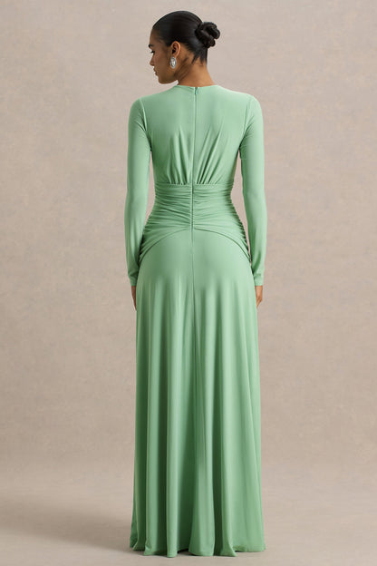 With Me | Vestido largo verde de cuello alto con frunces y aberturas