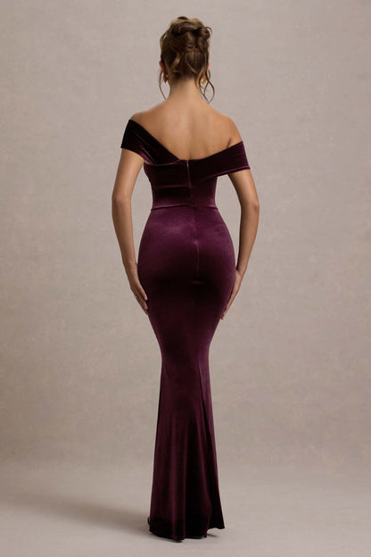 Candela | Vestido largo de Terciopelo morado con Escote Bardot Asimétrico