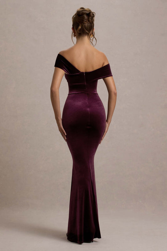 Candela | Vestido largo de Terciopelo morado con Escote Bardot Asimétrico