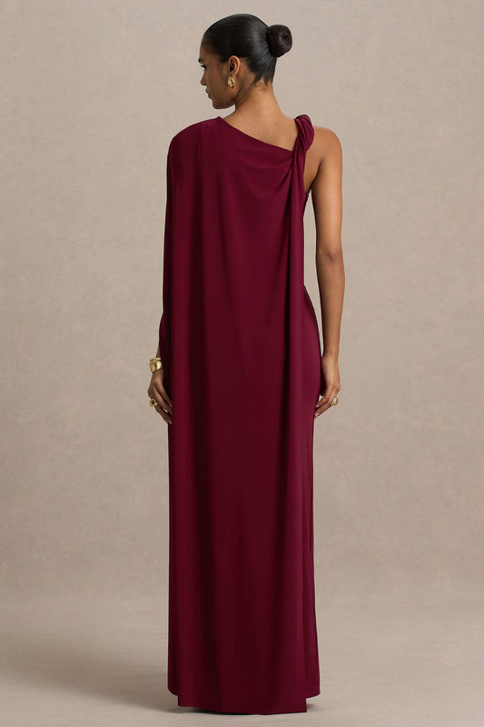 Cressida | Vestido Largo burdeos con escote asimétrico y manga capa