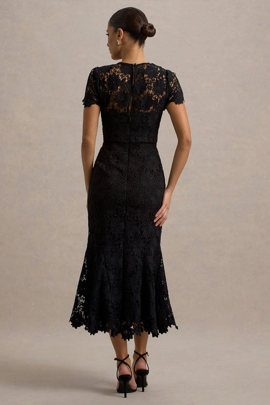 Clarissa | Vestido midi de encaje negro con mangas corrtas