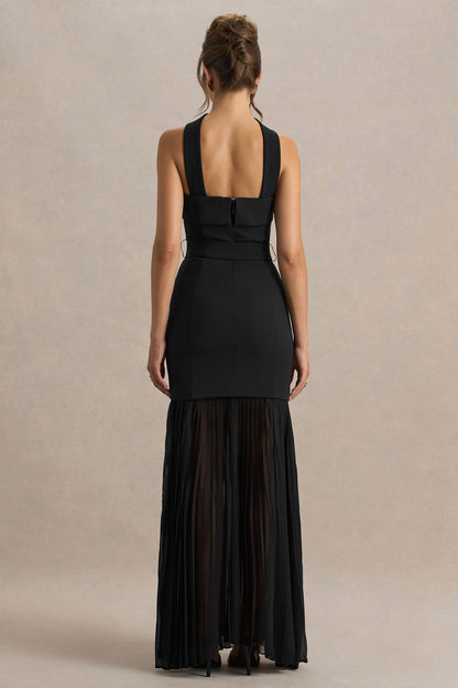 Jaquetta | Vestido largo negro con cinturón y falda plisada de gasa