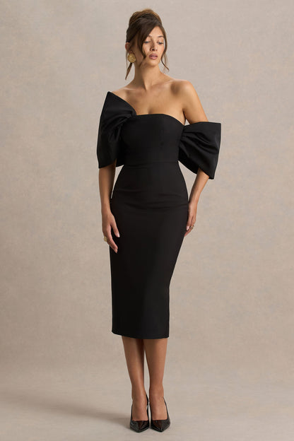Lucille | Vestido midi negro con escote bardot asimétrico