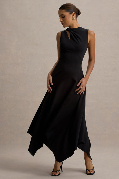 Francesca | Vestido Midi Negro con abertura en el hombro y bajo asimétrico