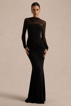 Deema | Vestido Largo Negro de Jersey y Malla con Cuello Alto