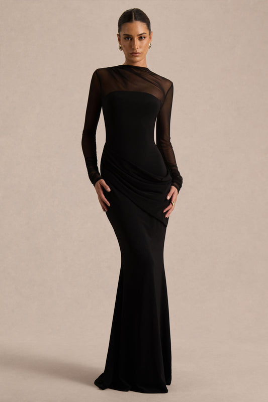 Deema | Vestido Largo Negro de Jersey y Malla con Cuello Alto