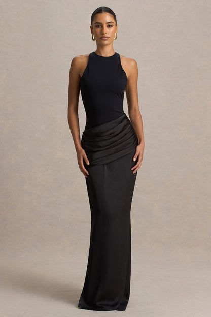 Akari | Vestido largo negro de cuello redondo con falda de satén