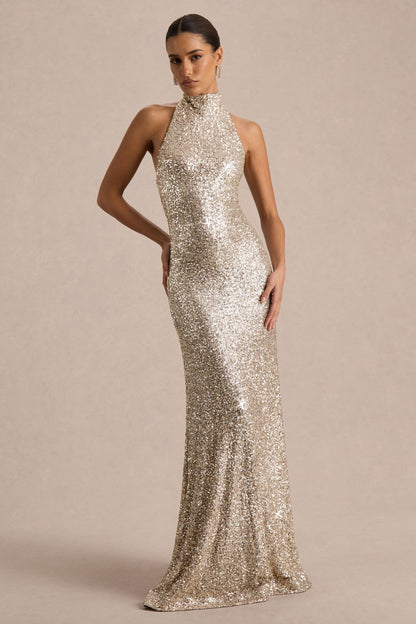 Tulia | Vestido Largo Champán de Lentejuelas con Escote Alto
