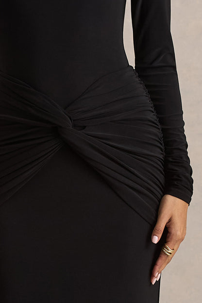 Alula | Vestido Largo Negro con Escote Alto y Detalle de Nudo