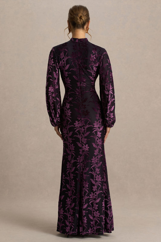 Janet | Vestido Largo devoré negro y morado de cuello alto con detalles calados