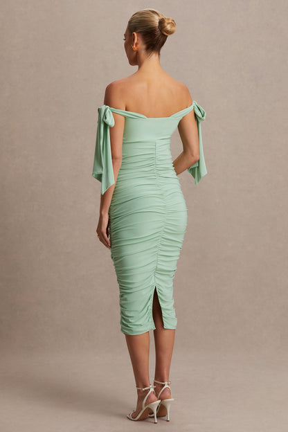 Chandelier | Vestido Midi premamá en verde Claro con Escote Bardot y Detalles de Lazo