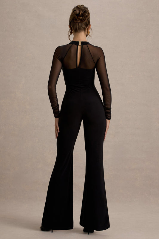 On Track | Mono negro de pierna acampanada con mangas transparentes