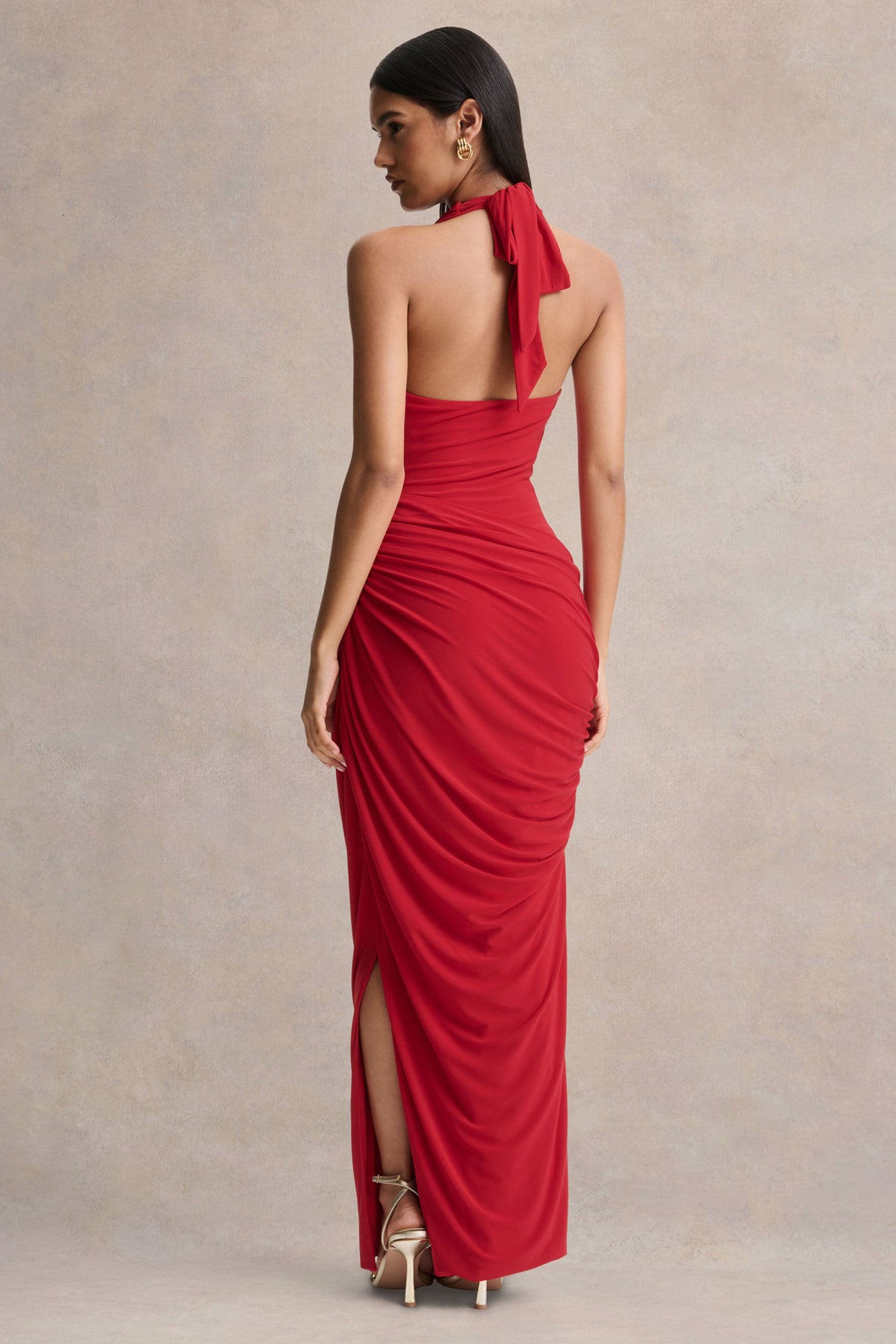 Cairo | Vestido Largo Rojo con Cuello Drapeado y Detalle Fruncido
