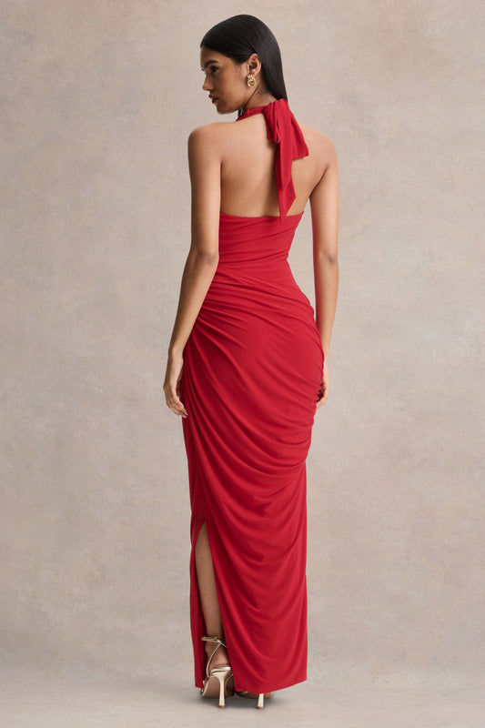 Cairo | Vestido Largo Rojo con Cuello Drapeado y Detalle Fruncido