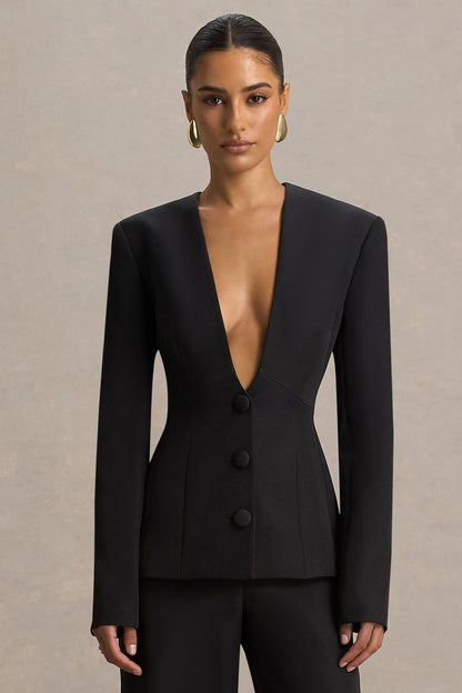 Rosalina | Blazer Negro Entallado con Escote Profundo Extremo