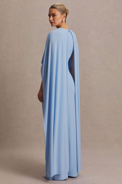Padma | Vestido Largo Premamá Azul Polvo Drapeado con Mangas Capa