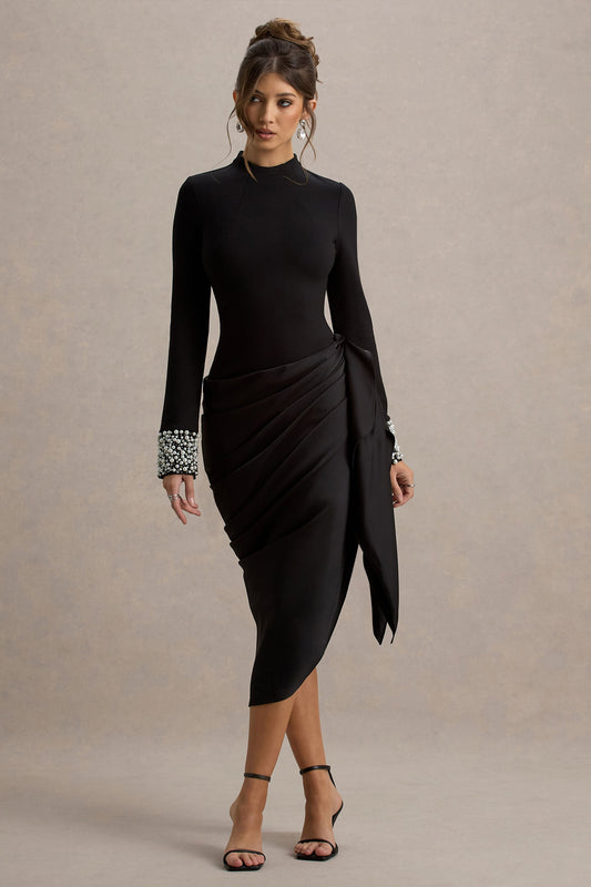 Luanna | Vestido Midi Negro de Satén con Mangas Largas y Falda Drapada