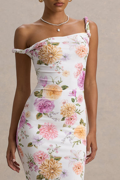 Nora | Vestido midi ajustado con escote asimétrico con detalle torcido con estampado floral