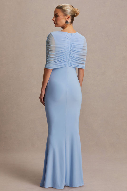 Zaria | Vestido Largo Azul Polvo con Escote Redondo y Capa Superpuesta