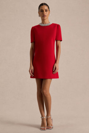 Jackie | Vestido Corto Rojo de Cuello Alto Adornado
