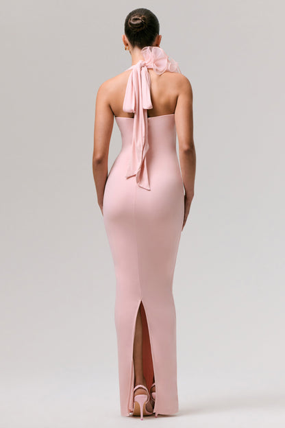 Harriet | Vestido largo rosa con escote pronunciado y detalle floral lateral