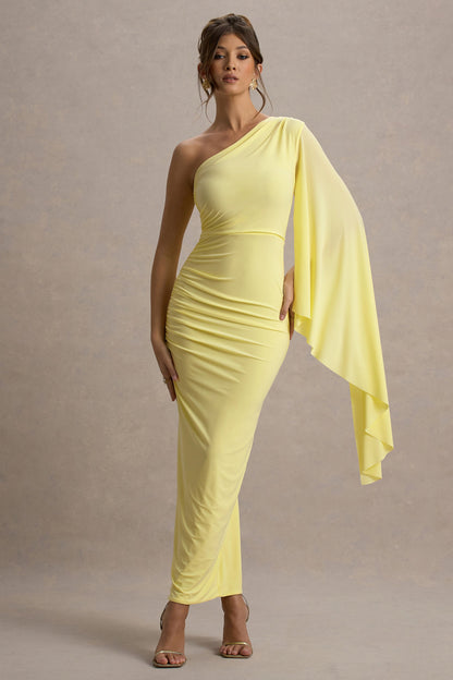 Clementina | Vestido largo en color amarillo con Manga de Capa Asimétrica