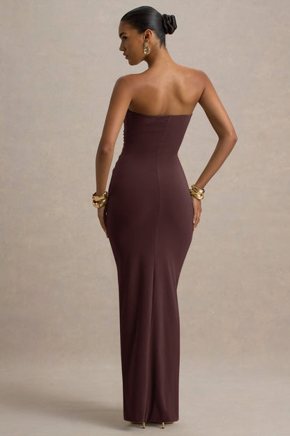 Ali | Vestido largo Marrón con escote corazón y detalles fruncidos