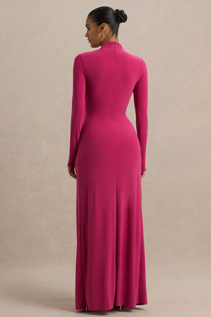 Hourglass | Vestido Largo Fucsia de Manga Larga con Escote alto, Detalle Cruzado en la Cintura y Abertura Frontal