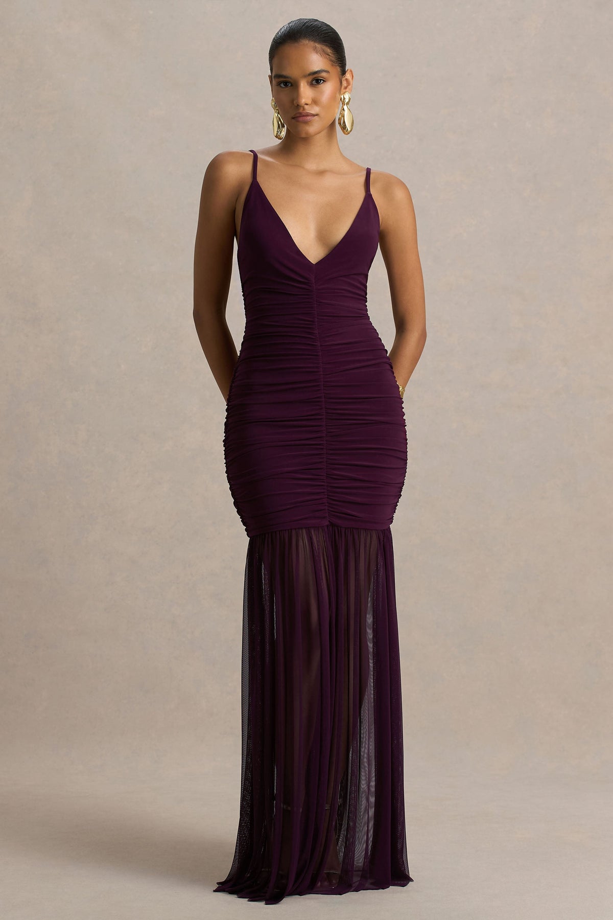 Pasqualina | Vestido largo en Púrpura Ciruela de tirantes y cuerpo fruncido