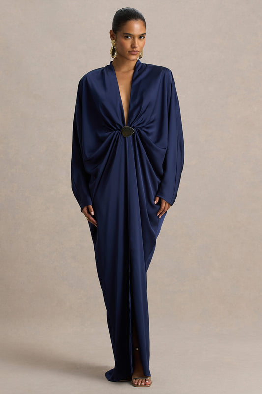Tina | Vestido largo satinado azul marino con detalle dorado y mangas murciélago