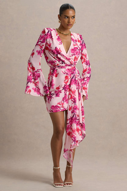 Goldie | Vestido corto de gasa con estampado floral rosado y detalle de cinta
