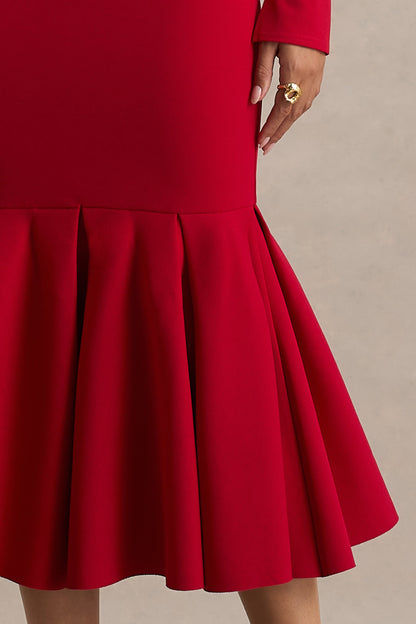 Liberty | Vestido midi rojo con mangas largas y bajo con volante
