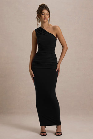 Dalarie | Vestido Largo en negro con fruncido y escote asimétrico