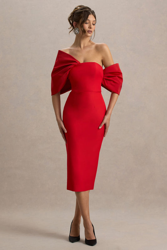 Lucille | Vestido midi rojo con escote bardot con detalle de lazo y mangas drapeadas