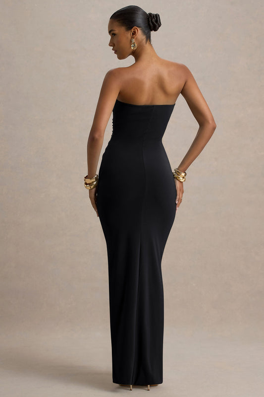 Ali | Vestido Largo Negro De Cuello Corazón Con Fruncidos Y Detalle De Faja