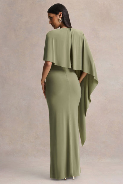 Ravena | Vestido Largo Verde Oliva de Cuello Redondo con Manga de Capa Asimétrica