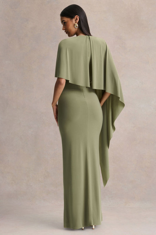 Ravena | Vestido Largo Verde Oliva de Cuello Redondo con Manga de Capa Asimétrica