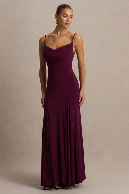 Gabbie | Vestido Largo Burdeos Con Escote Drapeado y Espalda De Malla