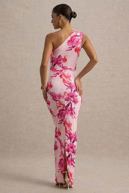 Dalarie | Vestido Largo Asimétrico con fruncido y Estampado Floral en Rosa y Naranja
