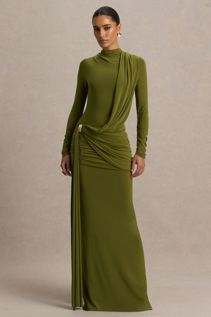 Melissa | Elegante Vestido Largo Oliva de Escote Alto con Detalles Drapeados y Fajín