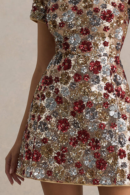 Eira | Vestido corto rojo de lentejuelas con estampado floral y escote redondo