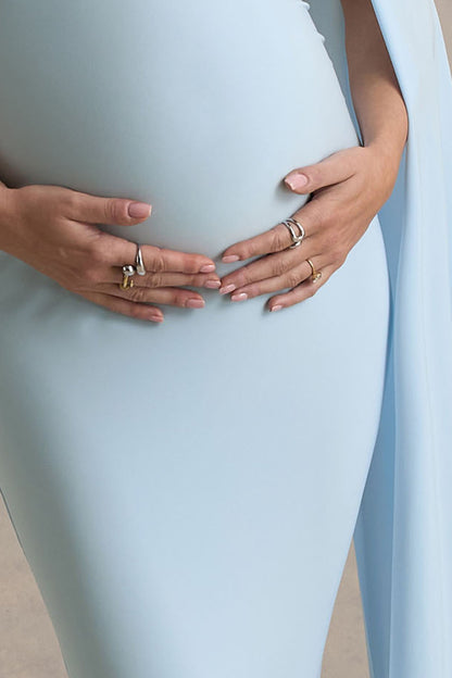 Aquila | Vestido largo de premamá Azul bebé con Escote Bardot y Manga Drapeada