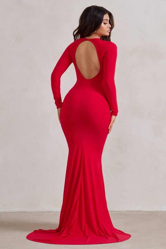 One Step Ahead | Vestido Largo Rojo de Manga Larga Abertura en  Espalda y corte Sirena