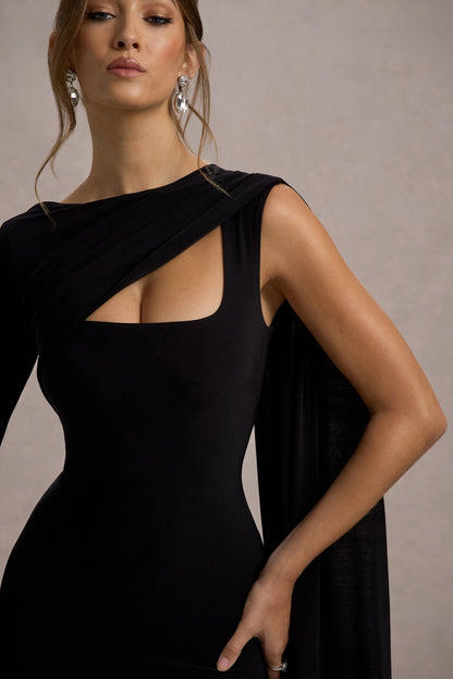Ashini |  Vestido largo Negro de Una Manga con Capa