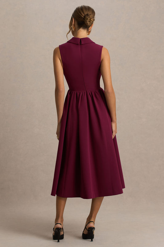 Lisa | Vestido Midi Sastre Color Burdeos con Escote Pronunciado