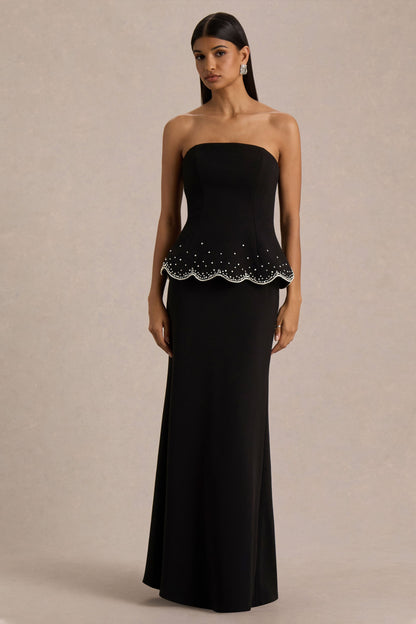 Robin | Vestido Largo Negro con Corsé, Sin Tiras y con Pedrería